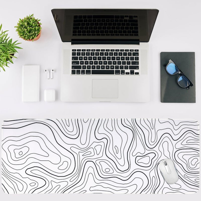 Renyqatt Gaming Mouse Pad Large 31.5 x 11.8in Topographic Keyboard Pad Mouse Pad for Non-Slip Base and Stitched Edge, Extended Desk Pad XL Keyboard Desk Mat (White) - Image 3